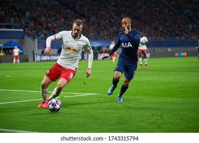 Leipzig, Germany - March 20, 2020: Lukas Klostermann Vs Lucas Moura During The Match Leipzig Vs Tottenham At Leipzig Arena 