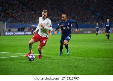 Leipzig, Germany - March 20, 2020: Lukas Klostermann Vs Lucas Moura During The Match Leipzig Vs Tottenham At Leipzig Arena 