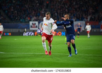 Leipzig, Germany - March 20, 2020: Lukas Klostermann Vs Lucas Moura During The Match Leipzig Vs Tottenham At Leipzig Arena 