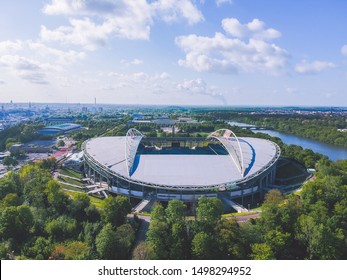 Leipzig / Germany - May 2019: Flying Over Red Bull Arena, Home Stadium Of Football Club From Leipzig