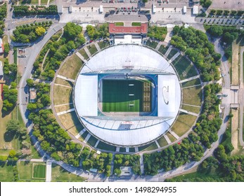 Leipzig / Germany - May 2019: Flying Over Red Bull Arena, Home Stadium Of Football Club From Leipzig