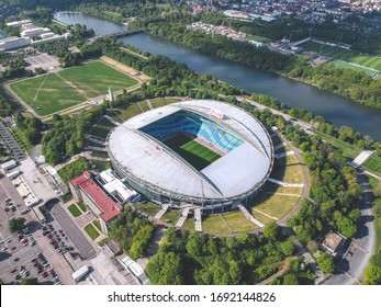 Leipzig / Germany - May 2019: Flying Over Red Bull Arena, Home Stadium Of Football Club From Leipzig