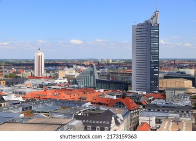 LEIPZIG, GERMANY - MAY 9, 2018: City-Hochhaus skyscraper (right) in Leipzig. The building is owned by Merrill Lynch. Its tenants are MDR and European Energy Exchange.