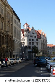 Leipzig, Germany September 24, 2007: Street Scene In Markgrafen Strasse, View Of The Corner Of City's Vital Records Office Building In Perspective