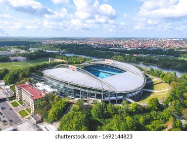 Leipzig, Saxony, Germany - May 2019: Flying Over Red Bull Arena, Home Stadium Of Football Club RBLeipzig