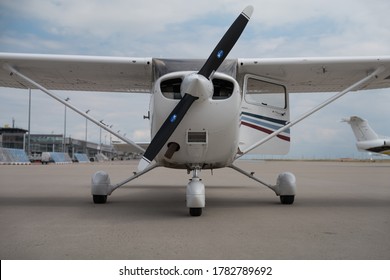 Leipzig Schkeuditz, Germany, July 2020, A Cessna 172 Single Engine Piston Airplane Is Parked On Leipzig General Aviation Apron. Due To Coronavirus Lockdown There Is Only Limited Travel In Progress