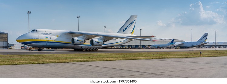 Leipzig Schkeuditz, Germany, June 2021, airport cargo apron with Antonov AN 124-100M parked on apron in Front of cargo terminal