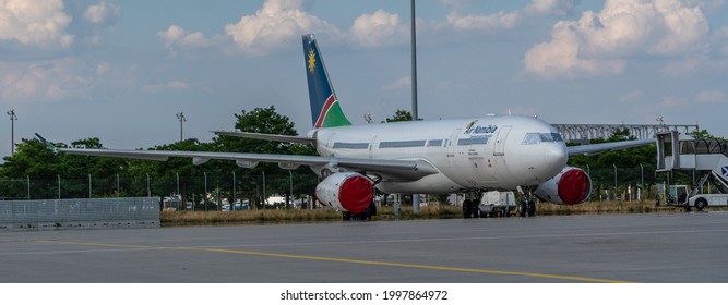 Leipzig Schkeuditz, Germany, June 2021, Airbus A330 from the bankrupt airline Air Namibia parked on Leipzig airport apron waiting for conversion from passenger aircraft to cargo airplane 