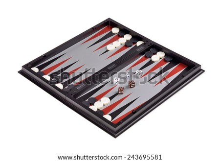 Leisure: board games backgammon with chips and dice isolated over white  