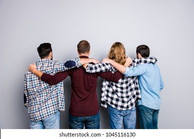 Leisure Lifestyle Leadership Success Virility Masculinity Brotherhood Help Concept. Handsome Attractive Different Men, Checkered Denim Clothes, Putting Arms On Shoulders Isolated On Gray Background