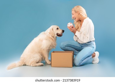 Leisure Time. Profile Portrait Of Excited Beautiful Young Woman Playing With Her Dog Holding Toy, Sitting On The Floor With Carton Cardboard Box Isolated On Blue Studio Background, Side View