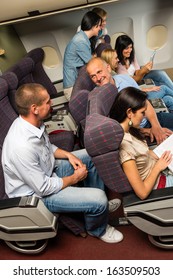 Leisure Travel People Enjoy Flight Airplane Cabin Talking Passengers