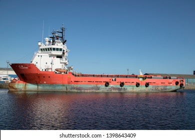 Leith, Edinburgh, March 31st 2019: The FS Crathes An U.K. Registered Offshore Supply Vessel Built In 2008 With A Gross Tonnage Of 2180t