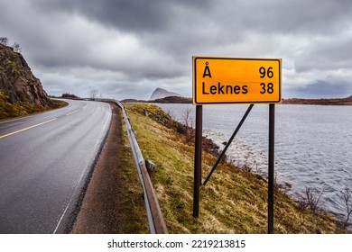 Leknes Village Sign On The Road On Lofoten Islands, Norway