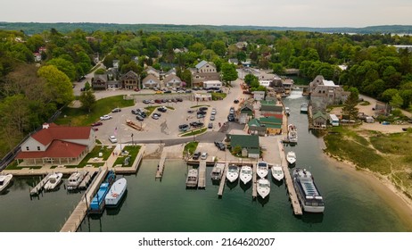 Leland, Michigan USA - May 30, 2022: Historic Fishtown on the coast of Lake Michigan