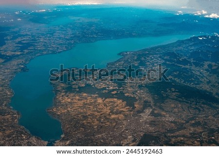 Leman lake aerial view panorama landscape from airplane