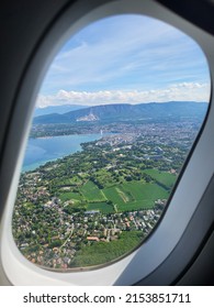  leman lake with geneva water jet taken from the window of an airplane