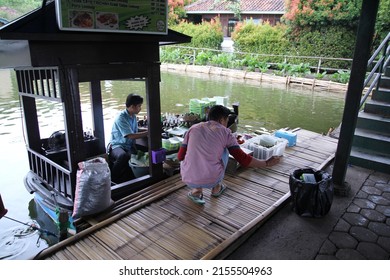 Lembang, Bandung, Indonesia, March 2018 ; At the Floating Market, there are various traditional and local foods that are served from a boat.