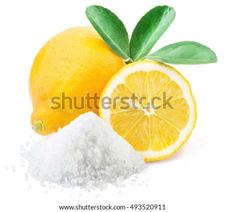 Lemon acid and lemon fruits on the white background.