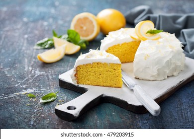 Lemon almond gluten free cake with cream cheese frosting, selective focus