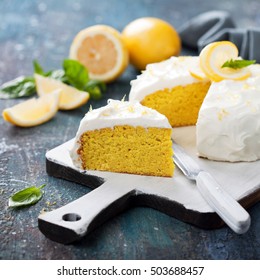 Lemon Almond Gluten Free Cake With Cream Cheese Frosting, Selective Focus