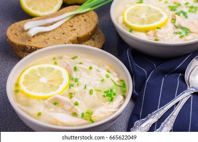 Lemon Chicken Soup With Rice And Feta Cheese.