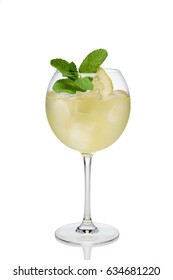 Lemon Cocktail With A Sparkling Wine With Ice Cubes In Wine Glass Isolated On White