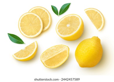 Lemon with cut in half sliced and green leaves isolated on white background, top view, flat lay. - Powered by Shutterstock