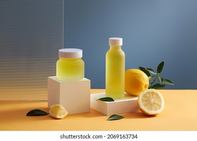 Lemon Extract In A White Square Podium In A Blue Background With Green Leaf For Food Advertising , Photography Food Advertising 