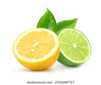 Lemon fruit and green lime cut in half isolated on white background. 