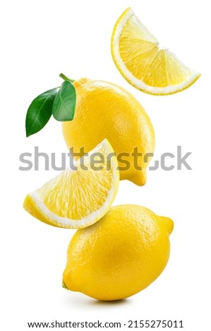 Lemon fruit isolate. Lemon whole, half, slice, leaf on white. Falling lemon slices with leaves. Flying fruit. Full depth of field.