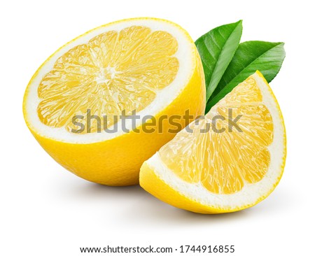Lemon fruit with leaf isolate. Lemon half, slice, leaves on white. Lemon slices with leaves isolated. With clipping path. Full depth of field. Not AI lemon, real photo.