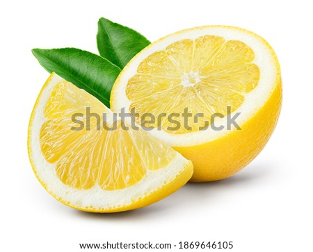 Lemon fruit with leaf isolate. Lemon half, slice, leaves on white. Lemon slices with zest isolated. With clipping path. Full depth of field.
