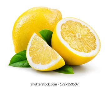 Лимонный фрукт с изолятом листьев. Лимон целый, половинка, ломтик, листья на белом. Ломтики лимона с изолированной цедрой. С обтравочным контуром. Полная глубина резкости.