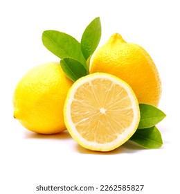 Lemon fruit with leaf isolate. Lemon whole, half, slice, leaves on white. Lemon slices with zest isolated. clipping path.  - Shutterstock ID 2262585827