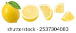 lemon fruit with leaves, piece and half isolated on a white background, Fresh and Juicy Lemon, clipping path