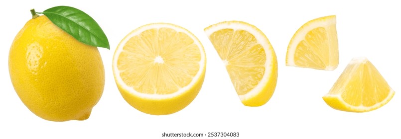 lemon fruit with leaves, piece and half isolated on a white background, Fresh and Juicy Lemon, clipping path