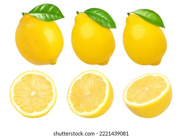 lemon fruit with leaves, slice and half isolated on white background, Fresh and Juicy Lemon, cut out