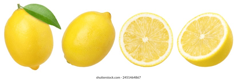 lemon fruit with leaves, slice and half isolated on a white background, Fresh and Juicy Lemon, clipping path