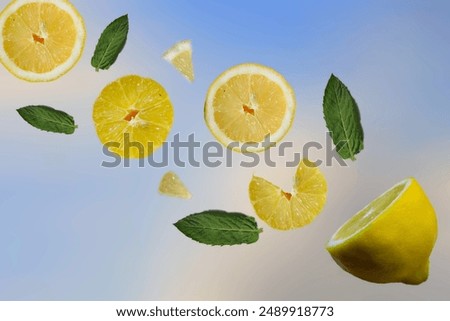 Lemon fruit pattern design. Decorative composition with lemon fruits and green mint leaves on soft blue sky background as concept of sommer, drinks,, joy, happiness or food themes.