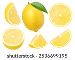 lemon fruit, piece and half isolated on a white background, clipping path, collection