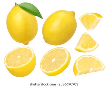 lemon fruit, piece and half isolated on a white background, Fresh and Juicy Lemon, clipping path, collection, set