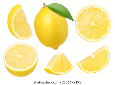 lemon fruit, piece and half isolated on a white background, clipping path, collection