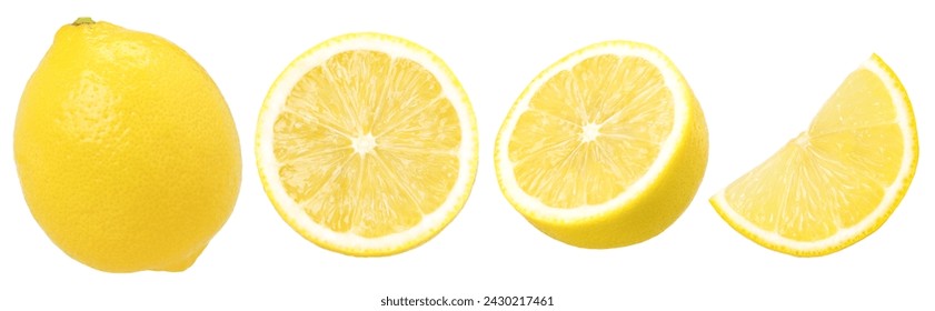 lemon fruit, slice and half isolated on a white background, Fresh and Juicy Lemon, clipping path