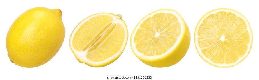 lemon fruit, slice and half isolated on a white background, Fresh and Juicy Lemon, clipping path