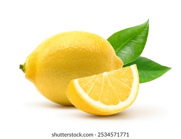 Lemon fruit with slice isolated on white background. 