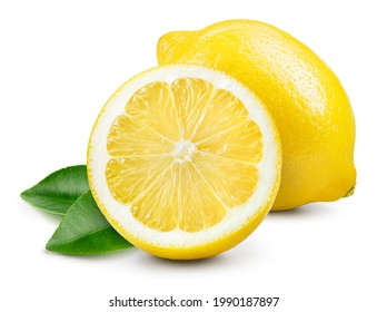 Lemon fruit with lemon slice and leaf isolate. Lemon half and a whole with leaves on white. Lemons isolated. With clipping path. Full depth of field. Perfect not AI lemon, true photo.