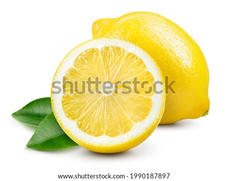 Lemon fruit with lemon slice and leaf isolate. Lemon half and a whole with leaves on white. Lemons isolated. With clipping path. Full depth of field. Perfect not AI lemon, true photo.