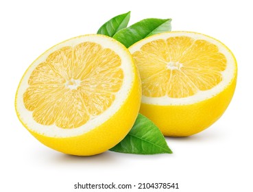 Lemon fruit slice with leaf isolated. Lemon half with leaves on white background. Lemons sliced isolated. With clipping path. Full depth of field. Perfect not AI lemon, true photo.