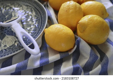 Lemon Fruits And Peeler For Zest To Make Limoncello. Peeler, Lemons And Zest. Copy Space, Selected Focus.